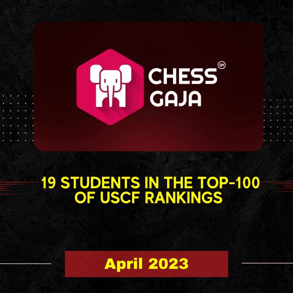 Logo of Chess Gaja with a text banner stating "19 students in the top-100 of USCF rankings, April 2023" on a dark textured background with dotted sparkle accents and highlighting online chess lessons.