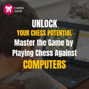 A person looking at a laptop screen with text promoting Chess Gaja: "Unlock your chess potential. Master the game by playing chess against computers.