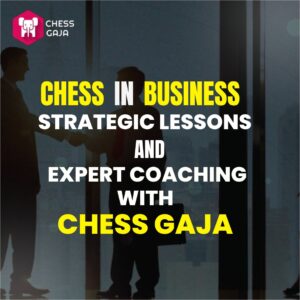 Two silhouetted individuals shake hands in front of large windows with text overlay saying, "Chess in Business: Strategic Lessons and Expert Coaching with Chess Gaja.