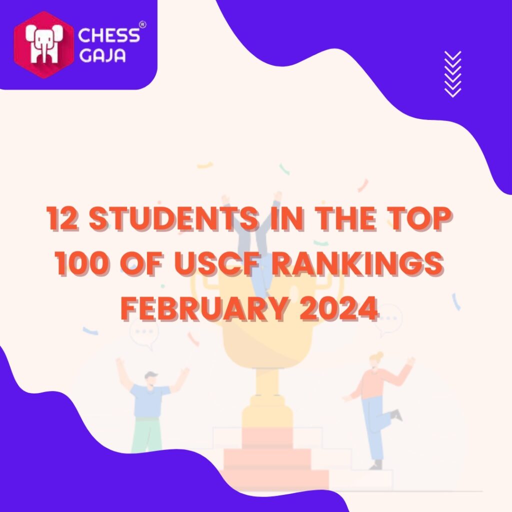 12 students in the top 100 of USCF rankings February 2024, with a Chess Gaja logo and celebratory illustrations, showcasing their dedication to one of the top chess academies through online chess classes.