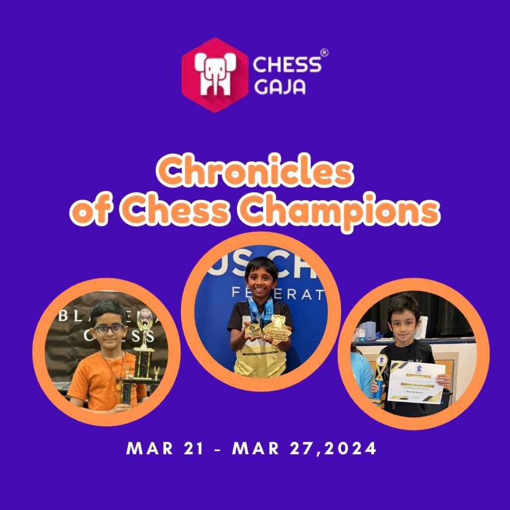 Three young chess champions holding trophies with the text: "CHESS GAJA, Chronicles of Chess Champions, Mar 21 - Mar 27, 2024". The background is purple. Discover how they honed their skills through online chess classes at one of the top chess academies.