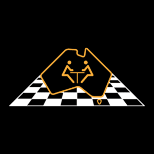 Logo of two silhouetted figures playing table tennis, depicted inside a yellow outline of australia, on a black background with a checkered border.