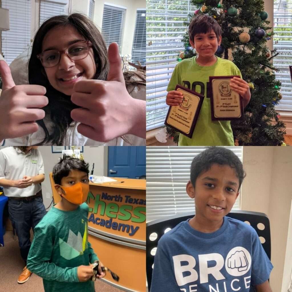 Mihika, Anish, Sathvik, Vijay having mastered chess, are holding up their trophies.