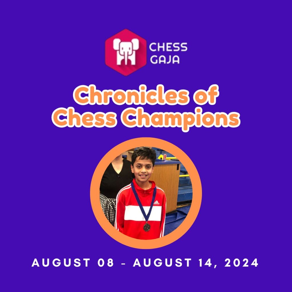 A young chess player wearing a red and white jacket and a medal around his neck is featured in a circular frame. The image promotes a chess event titled "Chronicles of Chess Champions" from August 08 to August 14, 2024.