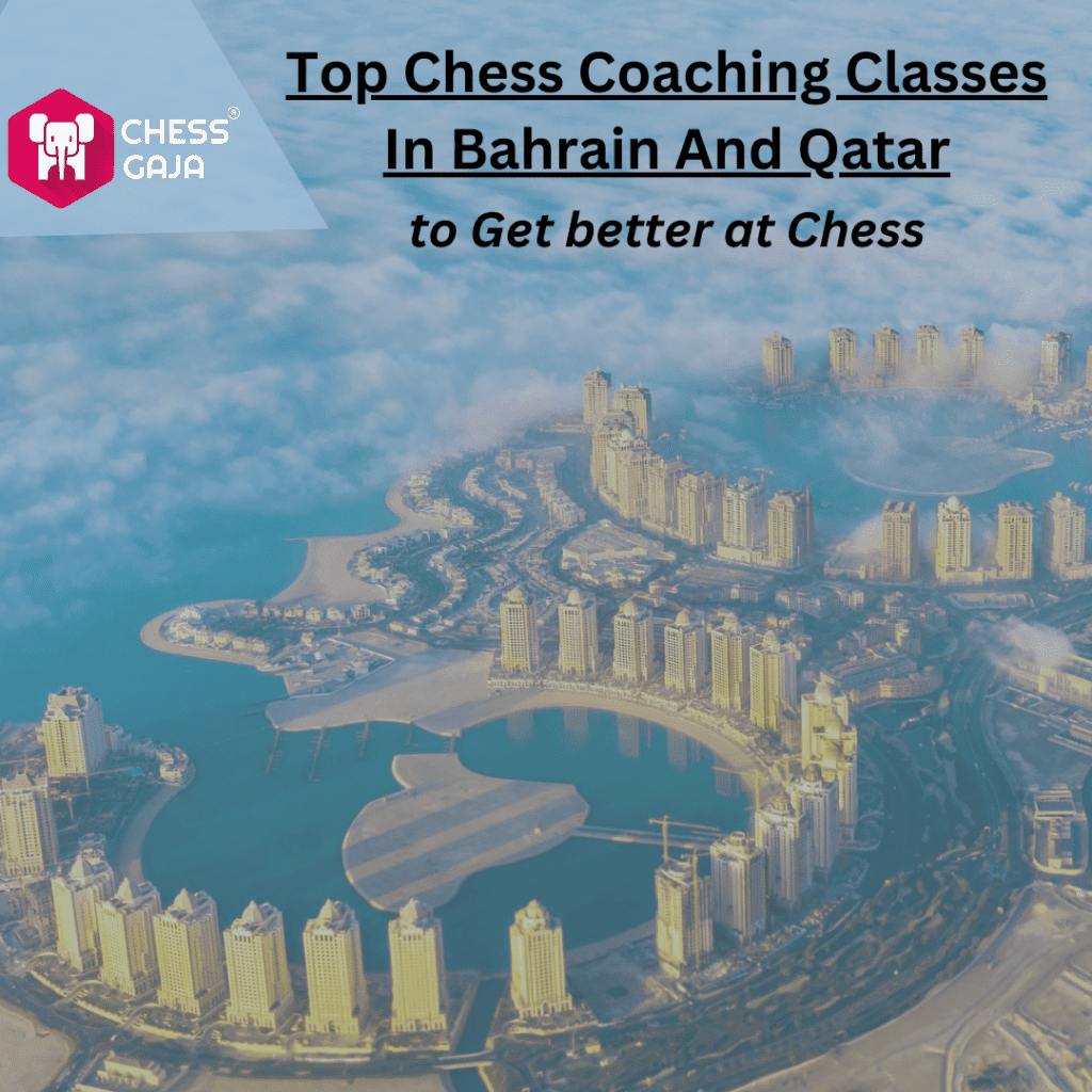 Aerial view of a coastal city with skyscrapers, centered by a text overlay promoting online chess lessons in Bahrain and Qatar.