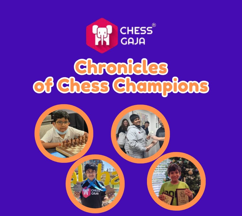 A promotional image with the Chess Gaja logo, the text "Chronicles of Chess Champions," and three photos of chess players in different settings, highlighting our top chess academies and online classes.