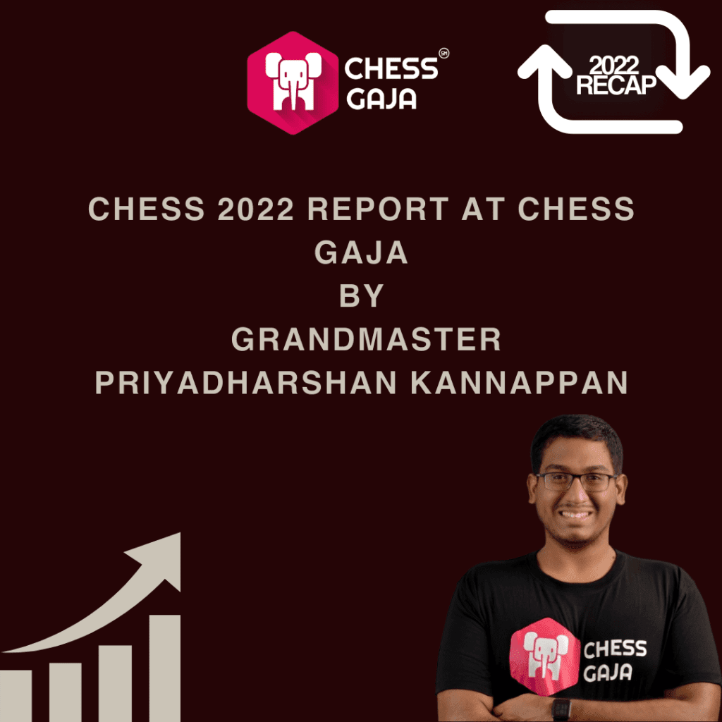 Promotional image for "Chess 2022 Report at Chess Gaja" featuring Grandmaster Priyadharshan Kannappan, with a logo and upward trending graph related to chess coaching.