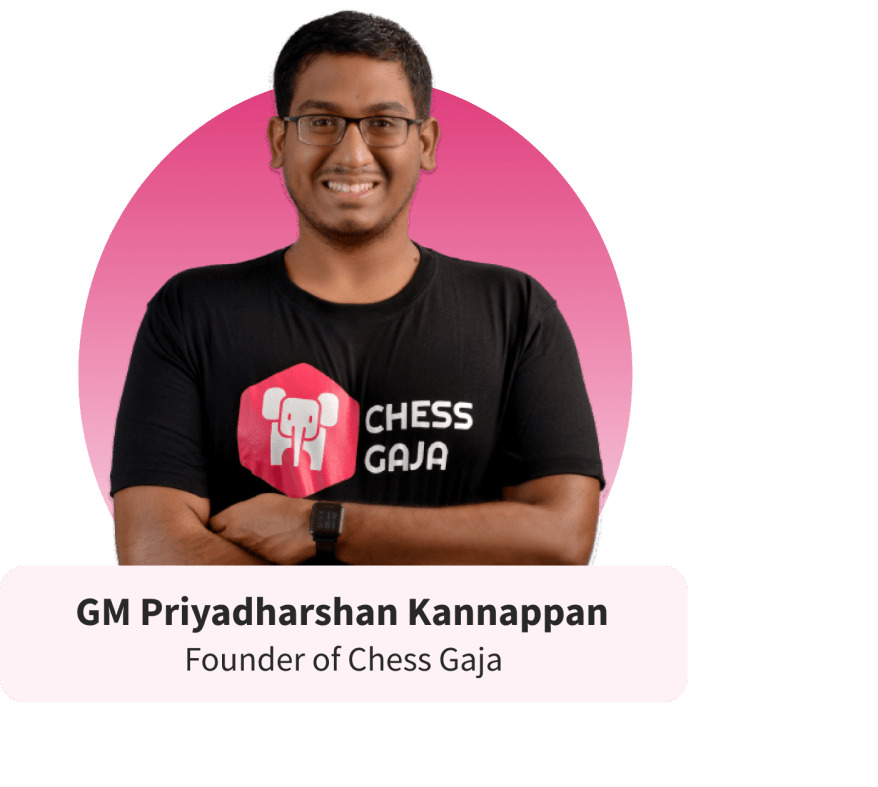 A man wearing glasses and a black t-shirt with a pink elephant and "CHESS GAJA" logo, standing with arms crossed. Text below reads "GM Priyadharshan Kannappan, Founder of Chess Gaja.