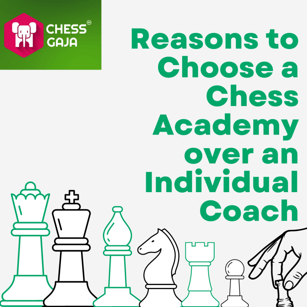 Reasons to choose a chess academy over an individual coach include specialized programs like chess for kids and opportunities to improve chess skills in focused areas such as the chess endgame.