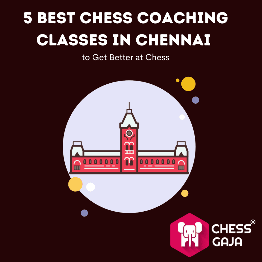 Graphic promoting "5 Best Chess Coaching Classes in Chennai" featuring an illustration of an iconic building with a clock tower, against a pink background with decorative circles.