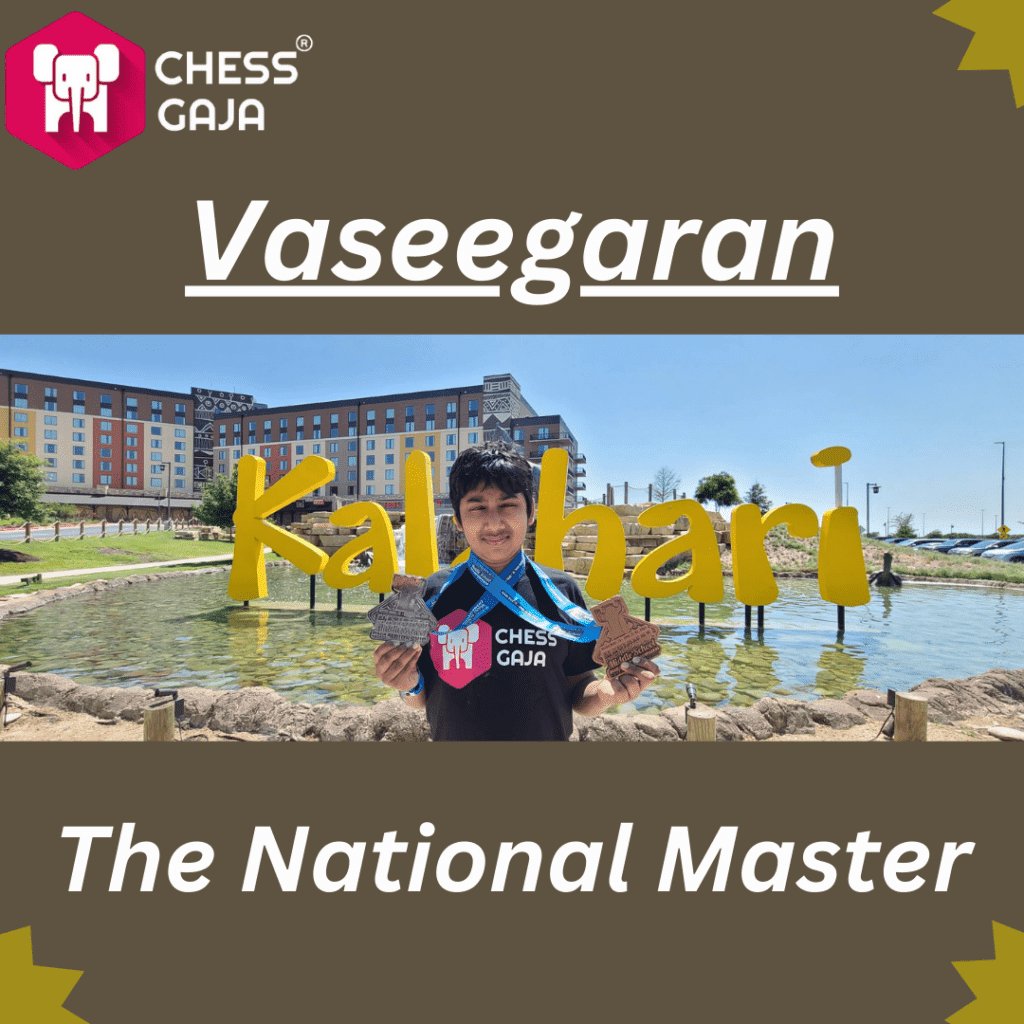 A young man holding chess pieces stands in front of a pond with a large building in the background, with text overlays naming him as Vaseegaran Kalbhari, The National Master, from Chess Gaja's online chess lessons.