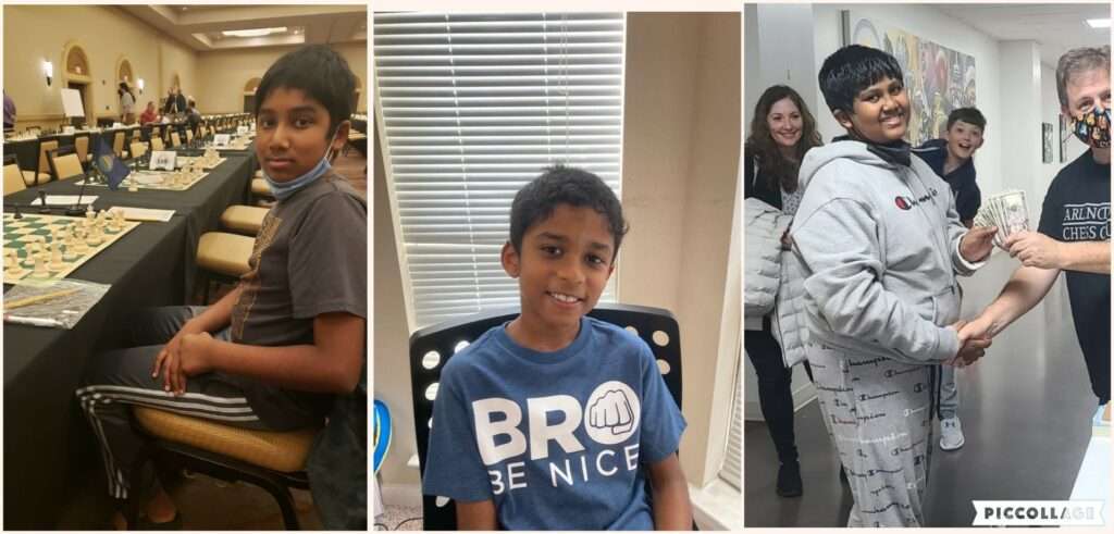 Three images of a young boy: left in a chess tournament, middle smiling, right receiving a certificate from chess coaching.