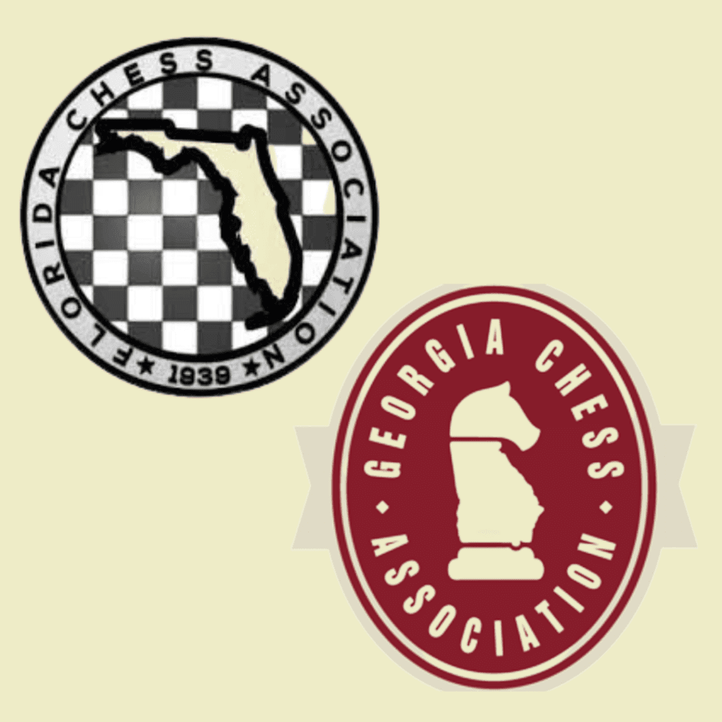 Two chess association logos: the Florida Chess Association featuring a map outline and chessboard, and the Georgia Chess Association with a maroon seal and chess knight icon, both offering online chess lessons.