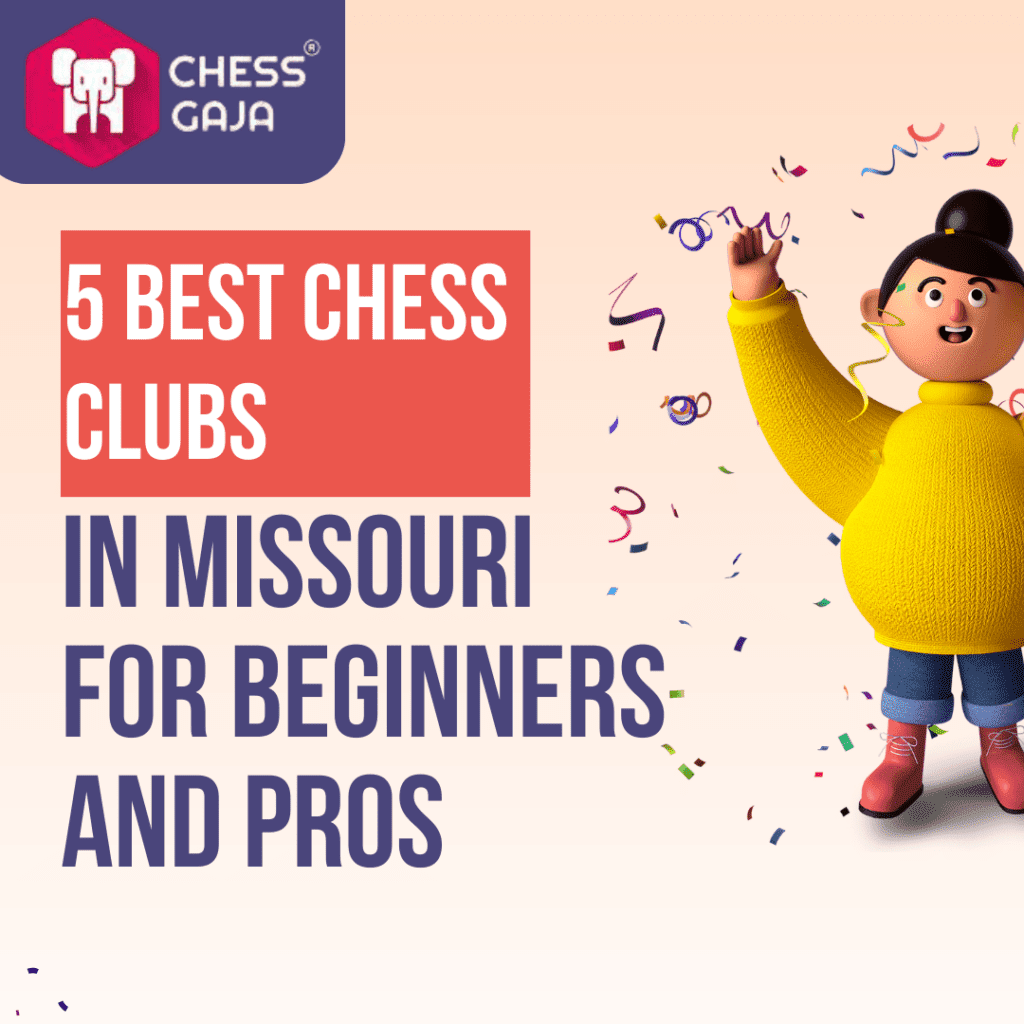 Graphic promoting "5 Best Chess Clubs in Missouri for Beginners and Pros" by Chess Gaja, featuring an animated character in a yellow sweater with confetti in the background. Discover clubs offering online chess classes to hone your skills anytime, anywhere.