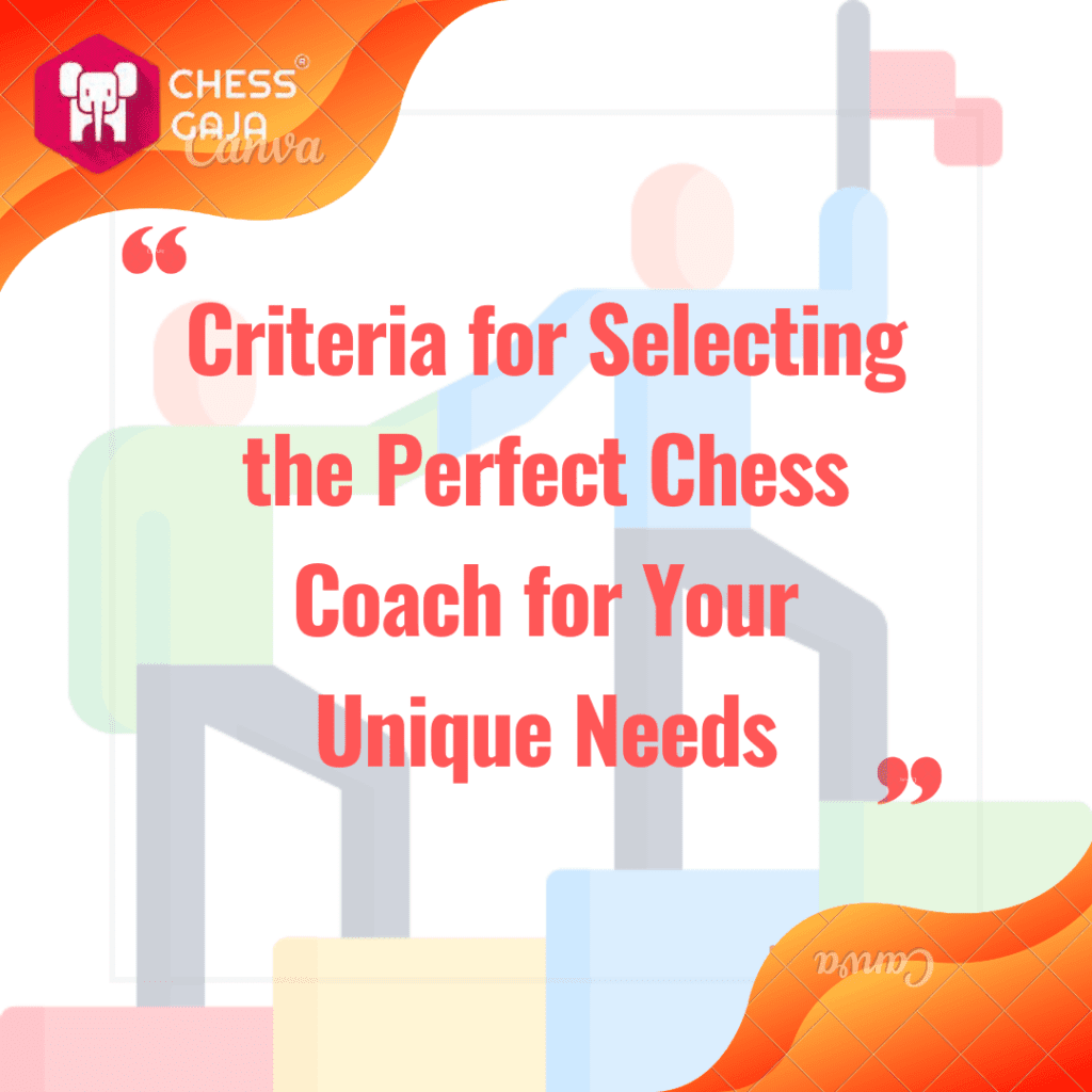 Criteria for Selecting the Perfect Chess Coach for Your Unique Needs" is written on an abstract background with human figures and geometric shapes, highlighting the advantages of online chess classes.