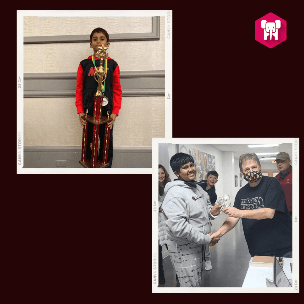 A split image: on the left, a boy in a red and black band uniform holds a trombone; on the right, a student receives a chess certificate from a teacher in a classroom.