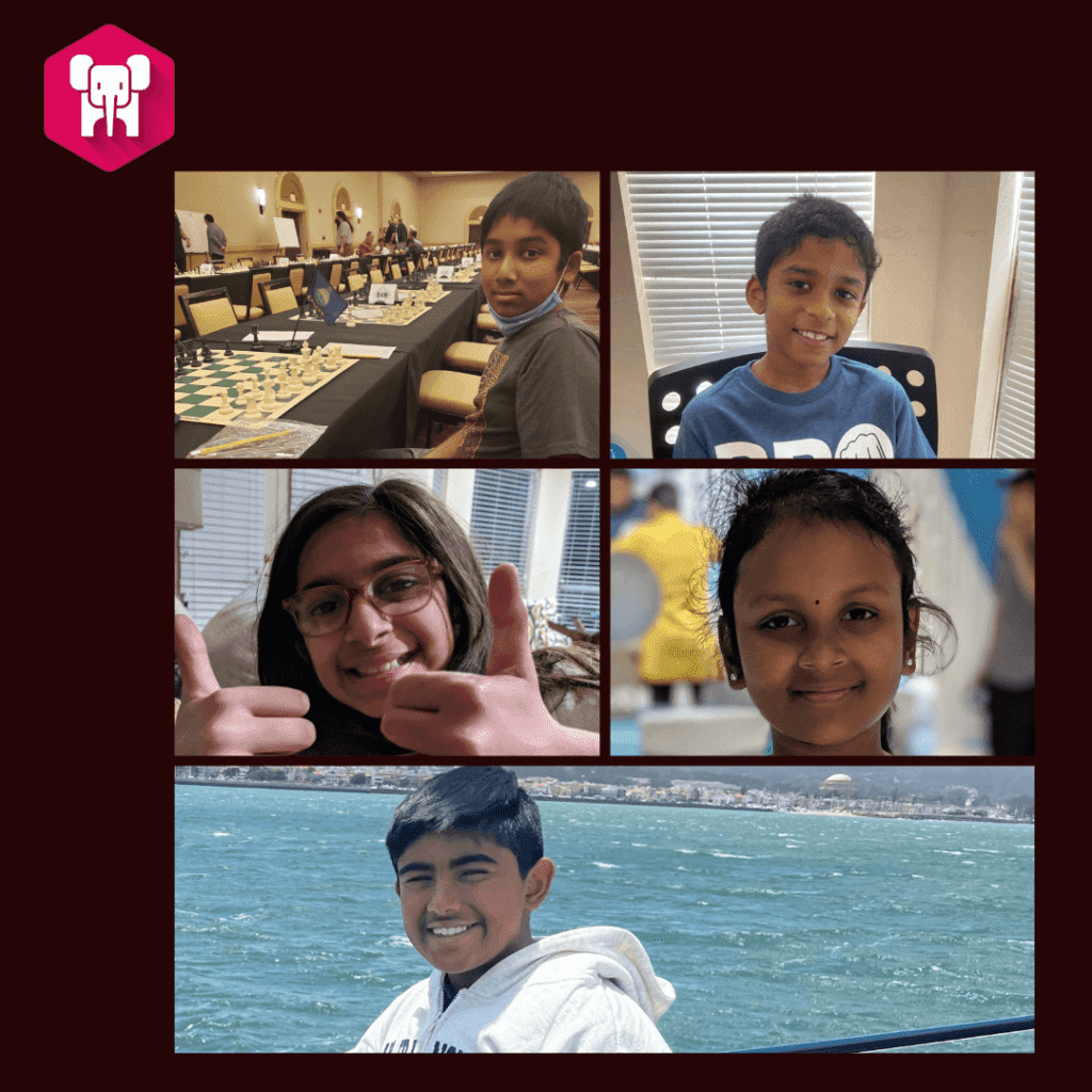 Collage with four images: top left shows people engaged in an online chess lesson, top right shows a boy smiling, bottom left is a girl giving thumbs up, and bottom right is a boy in front of water.