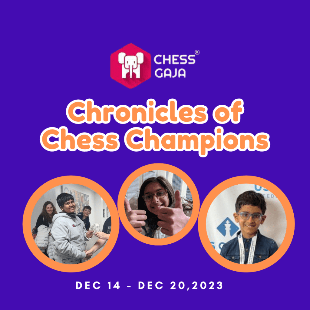 Purple event poster titled "Chronicles of Chess Champions" from Chess Gaja, one of the top chess academies, featuring three circular images of individuals and scheduled for Dec 14 - Dec 20, 2023.