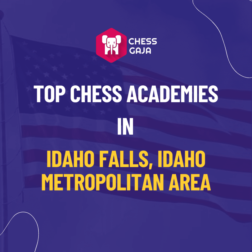 A graphic with the Chess Gaja logo and text that reads "Top Chess Academies in Idaho Falls, Idaho Metropolitan Area" against a backdrop of an American flag, highlighting their excellence in offering online chess classes.