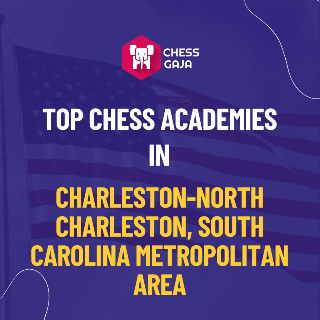 Graphic with text reading "top chess academies in charleston-north charleston, south carolina metropolitan area," featuring a chess logo on a purple background.