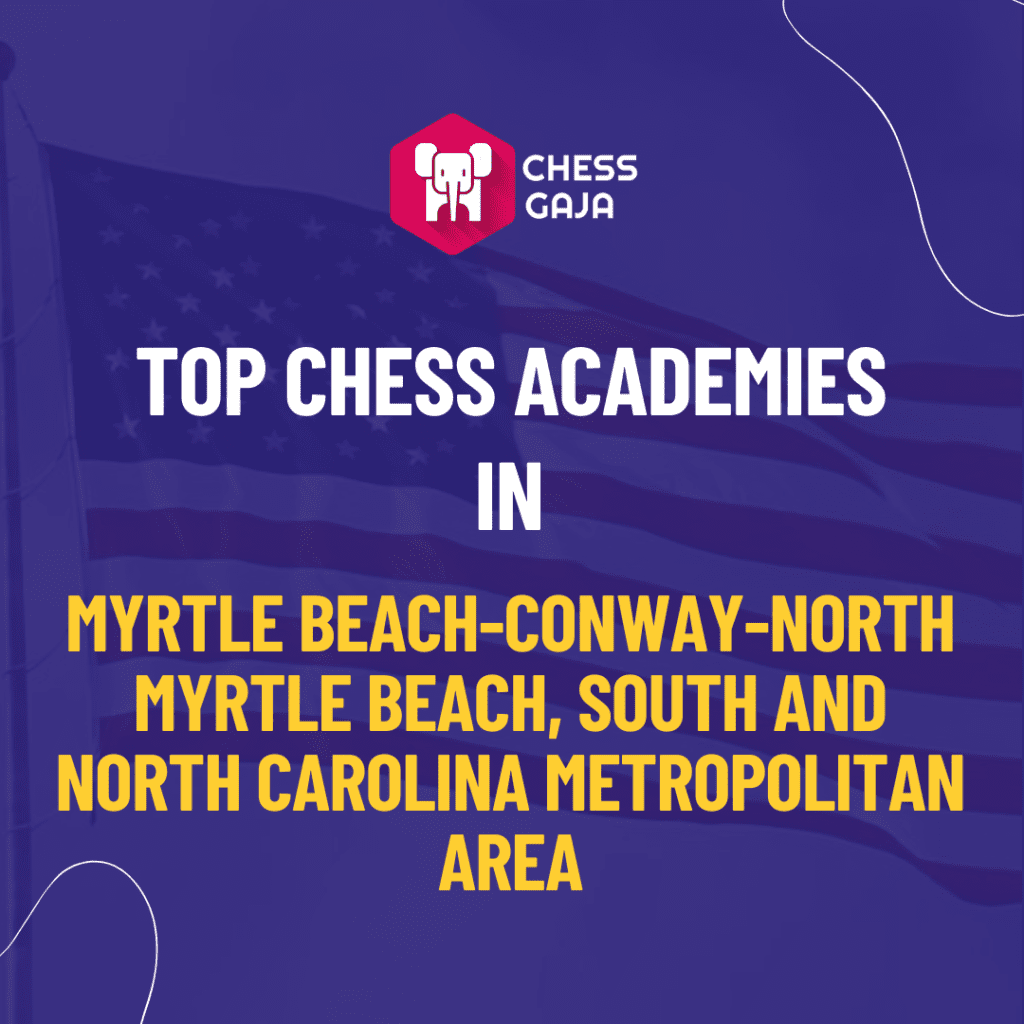 Promotional graphic for chess gaja, listing top chess academies in myrtle beach-conway-north myrtle beach and south and north carolina metropolitan area.