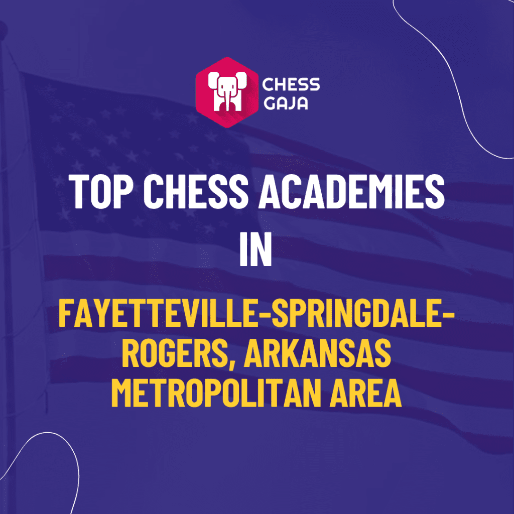 Graphic showing the top chess academies in fayetteville-springdale-rogers, arkansas area, with logo and text on a blue background.