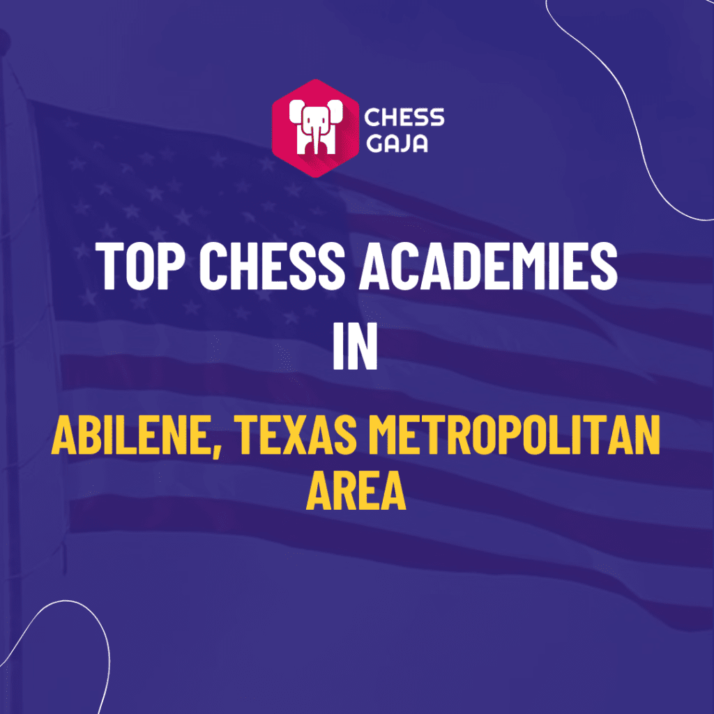 Promotional graphic for chess gaja, highlighting top chess academies in abilene, texas metropolitan area, with a purple background and chess logo.