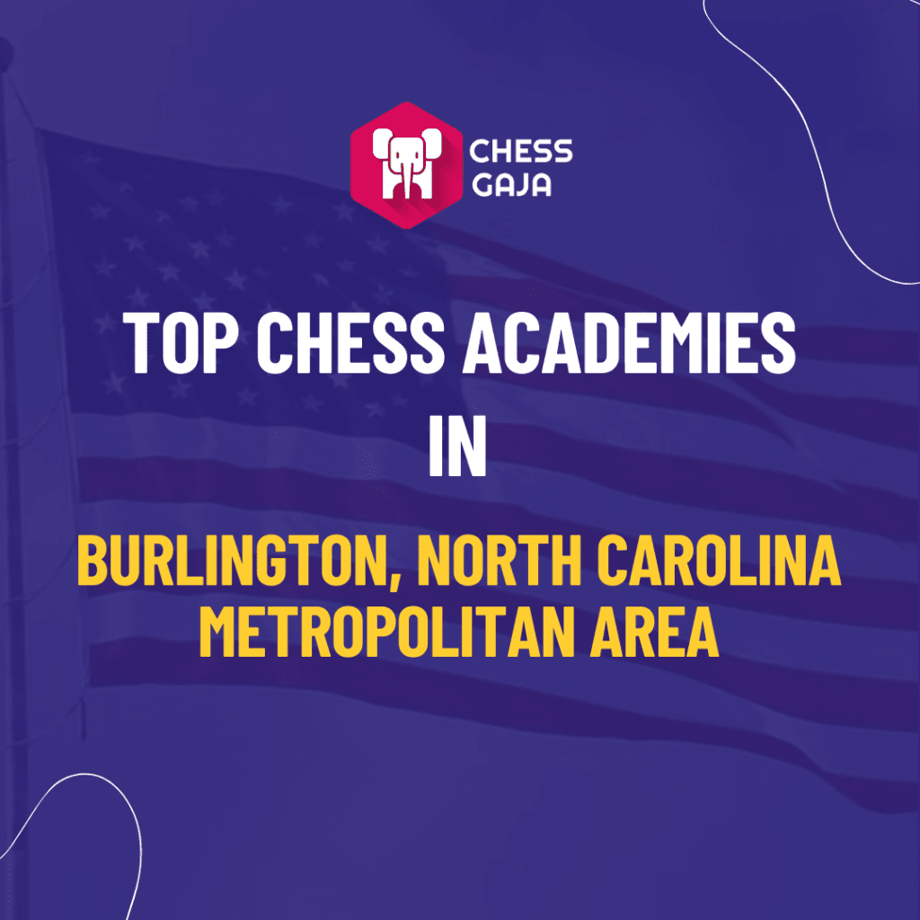 Graphic titled "top chess academies in burlington, north carolina metropolitan area" with a chess knight logo on a blue background.