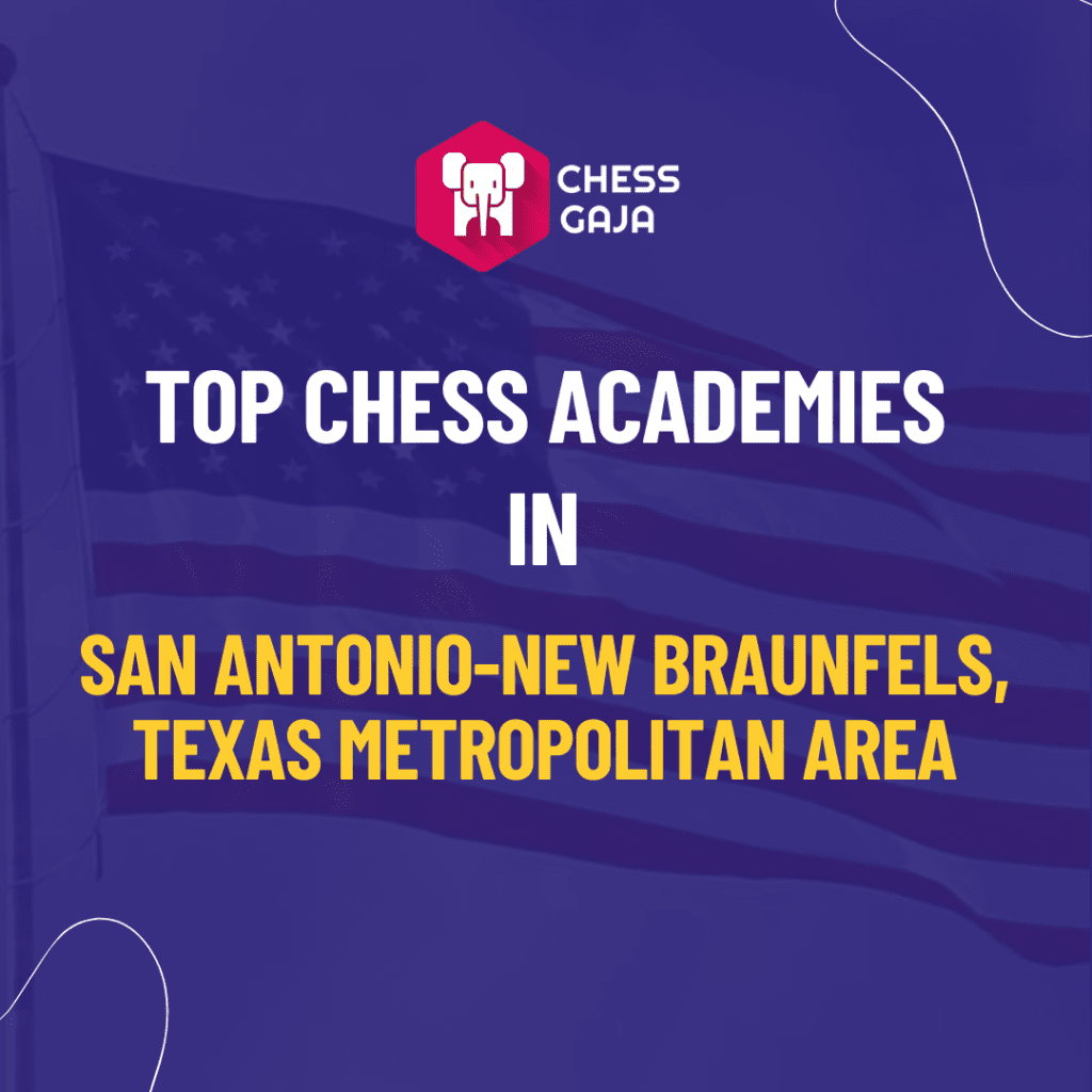 Text reads: "Top Chess Academies in San Antonio-New Braunfels, Texas Metropolitan Area" with a stylized chess logo above.