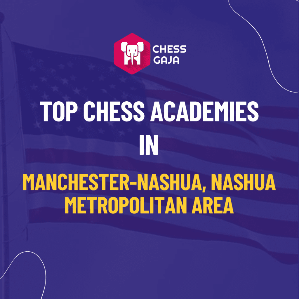 Promotional image for chess gaja featuring text "top chess academies in manchester-nashua, nashua metropolitan area" on a blue background with a white chess piece logo.