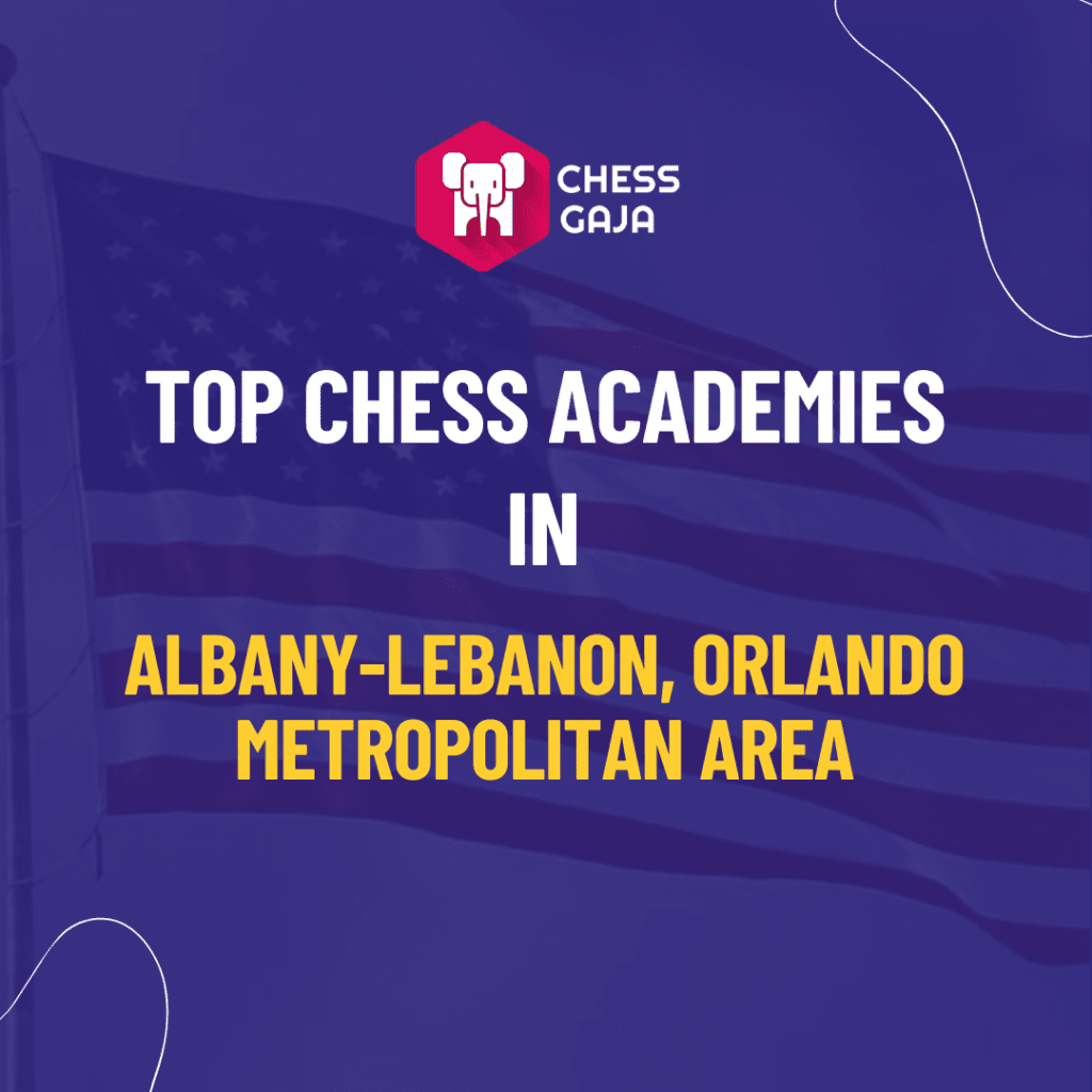 Promotional image for chess gaja, highlighting top chess academies in albany-lebanon and the orlando metropolitan area, set against a purple background with a chess logo.