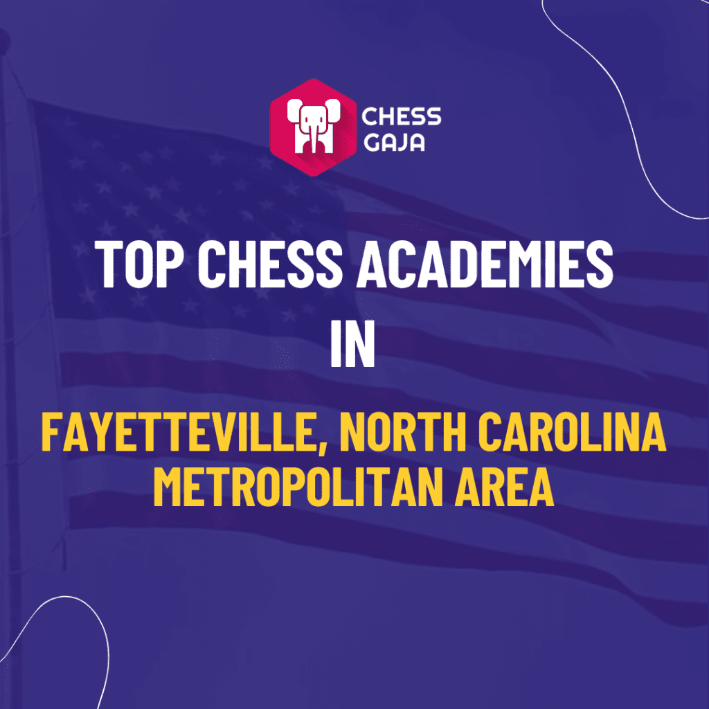 Promotional graphic for chess gaja featuring text "top chess academies in fayetteville, north carolina metropolitan area" on a blue background with a chess logo.