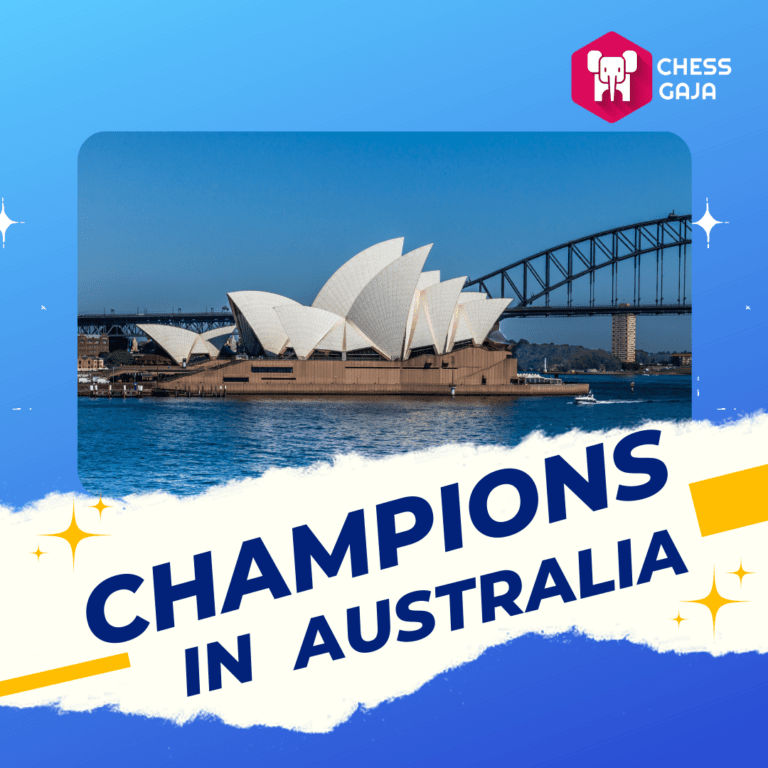 Promotional graphic for chess gaja with "champions in australia" text, featuring sydney opera house and harbour bridge in the background.