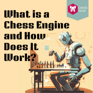 Illustration of a robot playing chess, with the text "What is a Chess Engine and How Does It Work?" and a Chess Gaja logo in the top right corner.