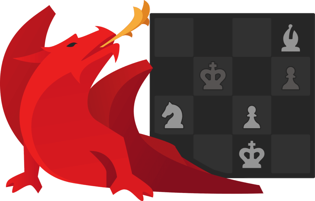 Illustration of a red dragon breathing fire next to a chessboard with a knight, bishop, two kings, a pawn, and a barrier in various positions.