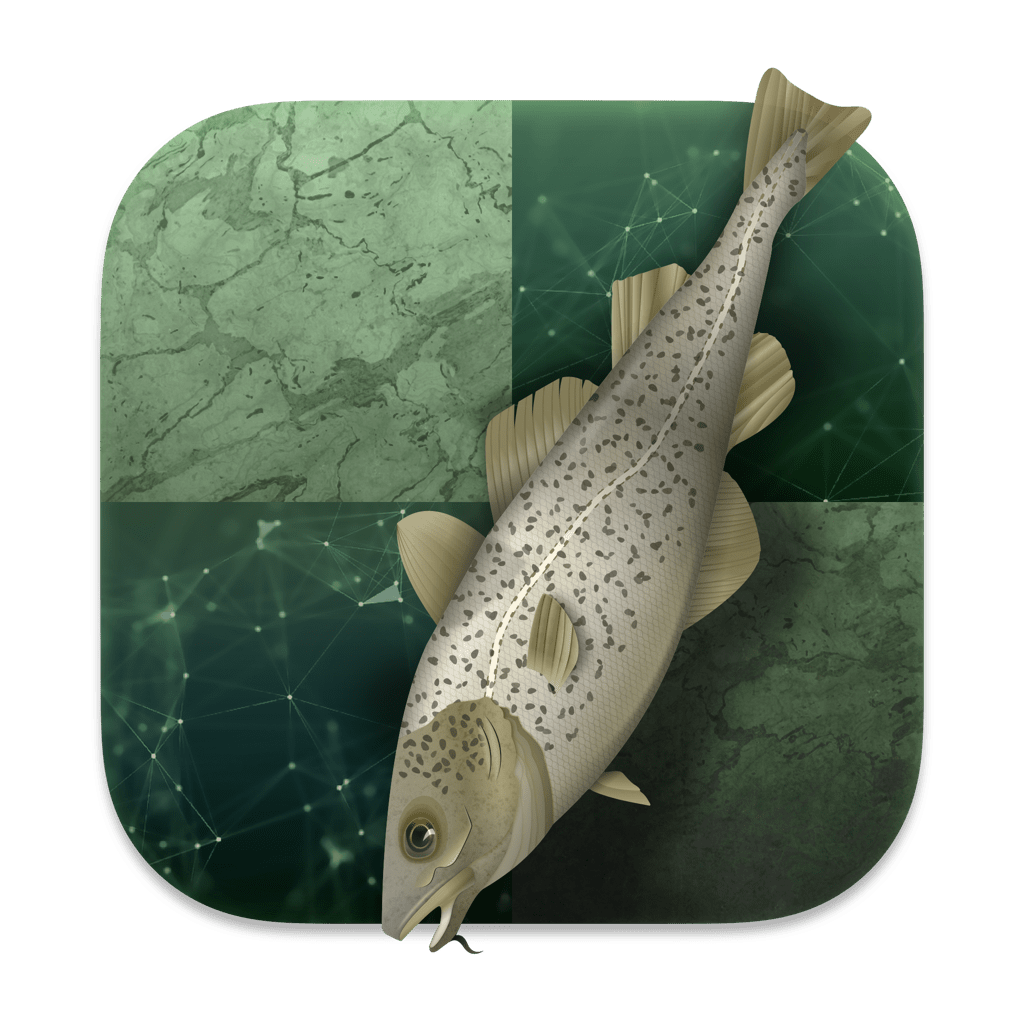 An illustrated fish lies diagonally on a green, abstract background composed of four textured panels.