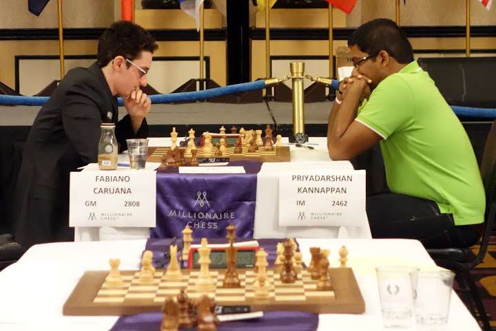 GM Priyadharshan Kannappan founder of Chess Gaja made a draw against World Championship Challenger Fabiano Caruana in Millionaire Chess Open in Las Vegas, USA
