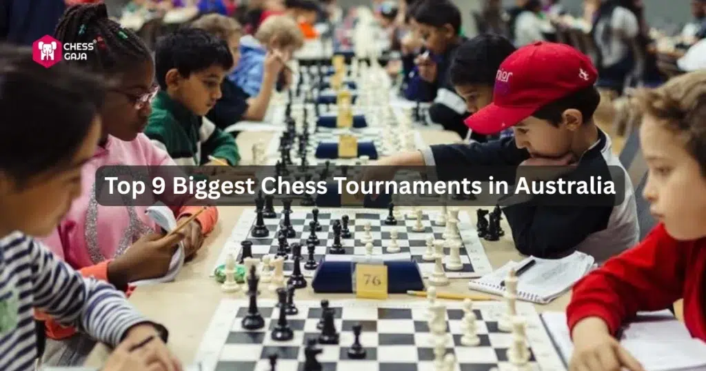 Children and adults are seated across tables playing chess in a large room, with the text "Top 9 Biggest Chess Tournaments in Australia" overlaid on the image.