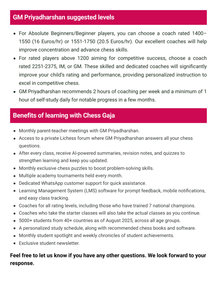 A flyer detailing GM Priyadharshan's coaching services, including levels, pricing, session structure, and benefits of learning with Chess Gaja.