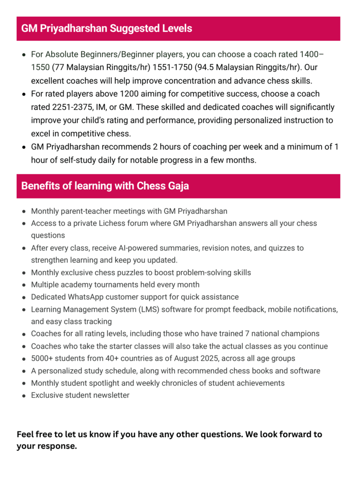 A text document outlining GM Priyadharshan's suggested chess coaching levels and the benefits of learning with Chess Gaja, including personalized coaching and flexible scheduling.