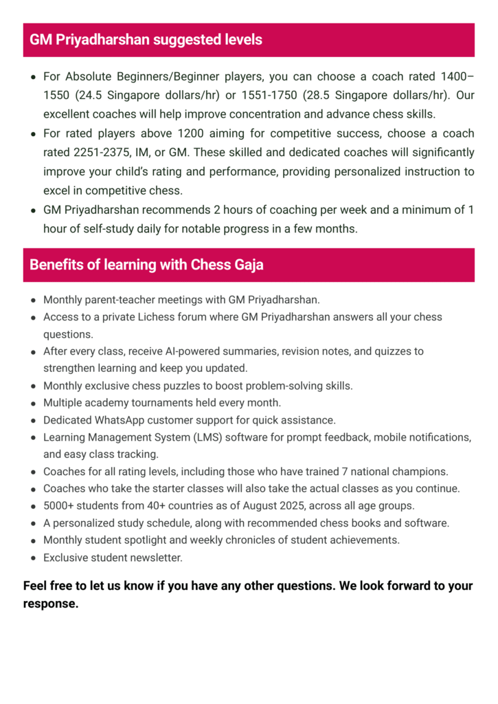 Screenshot of a Chess Gaja information page detailing chess coaching options with GM Priyadharshan, including session rates, recommendations, and a list of key learning benefits.