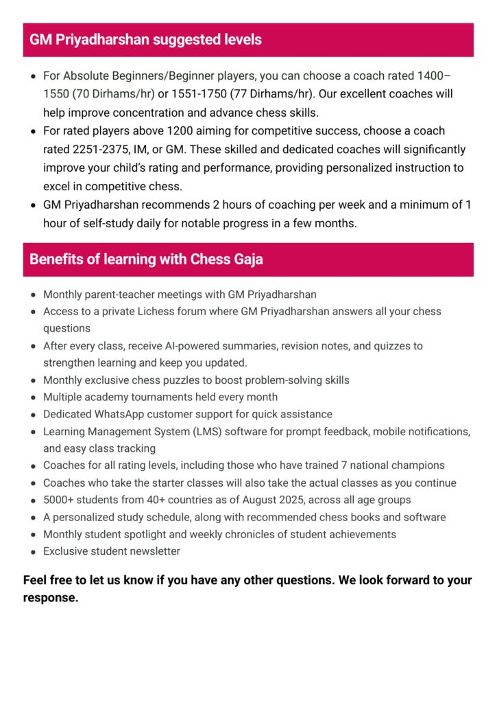 A document lists GM Priyadarshan’s suggested chess levels, coaching details, and benefits of learning with Chess Gaja, including personalized lessons and progress tracking.