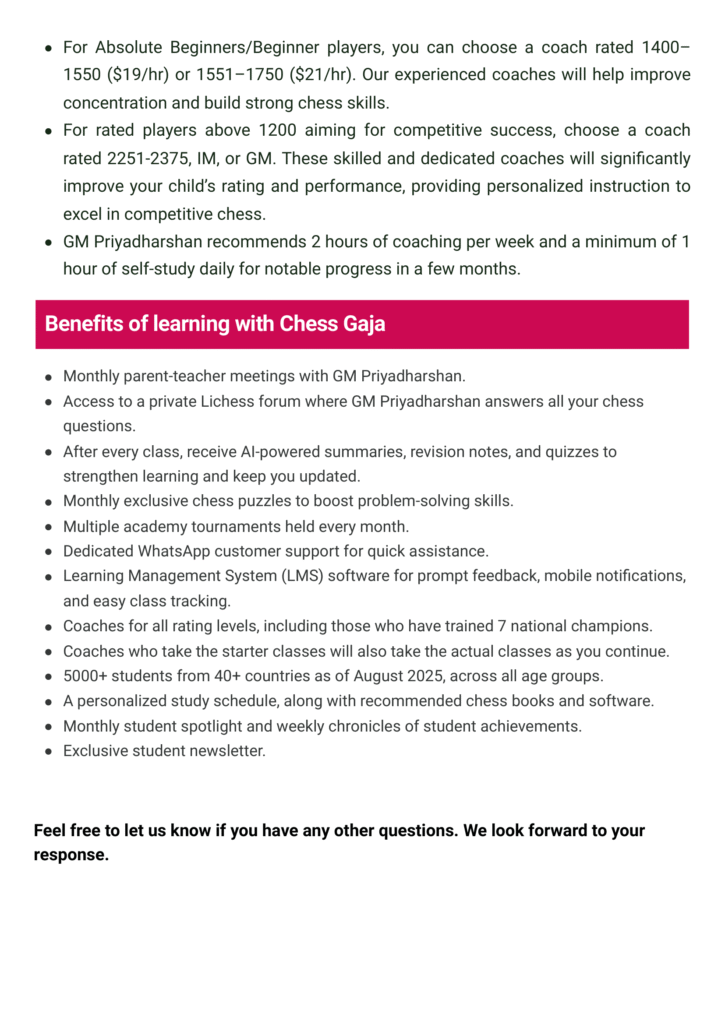 A page describes coaching options and benefits for learning with Chess Gaja, listing coach ratings, session details, and a summary of key advantages in a highlighted section.