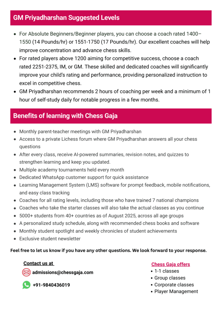 A flyer detailing chess coaching services, including suggested levels, benefits of learning with Chess Gaja, contact information, and class offerings.