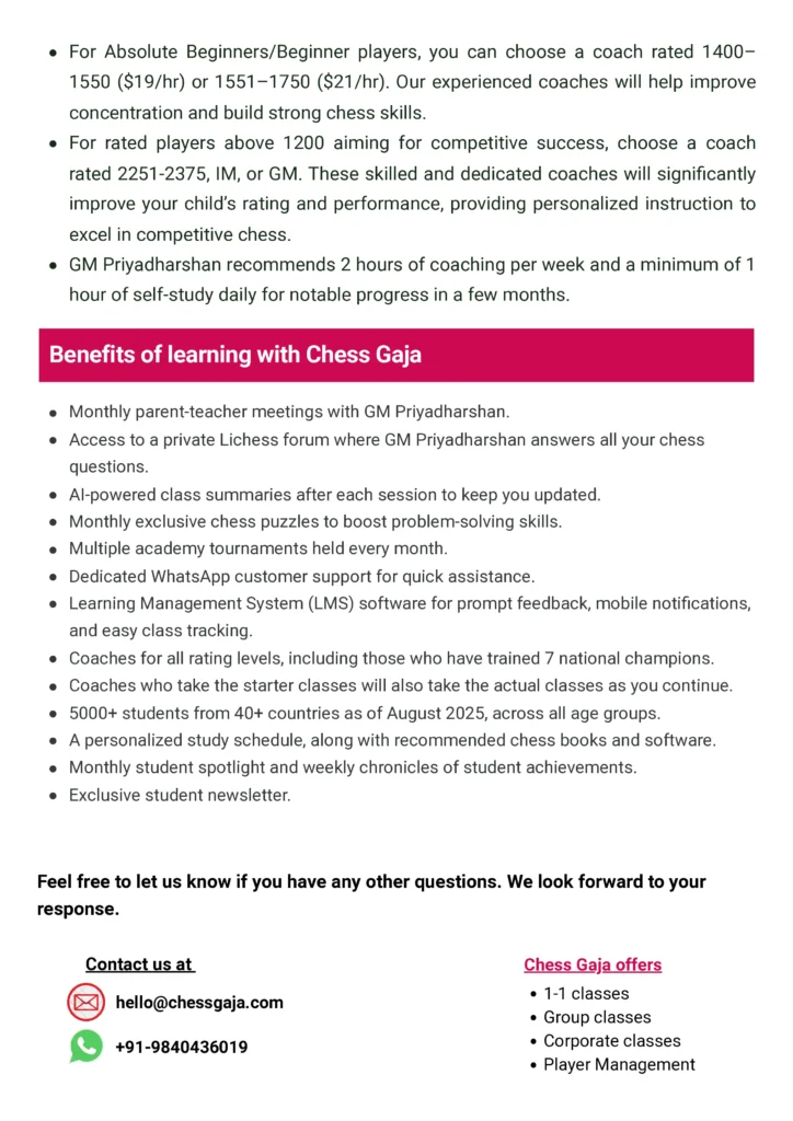 A flyer detailing coaching options and benefits of learning chess with Chess Gaja, including contact information and a list of services provided.