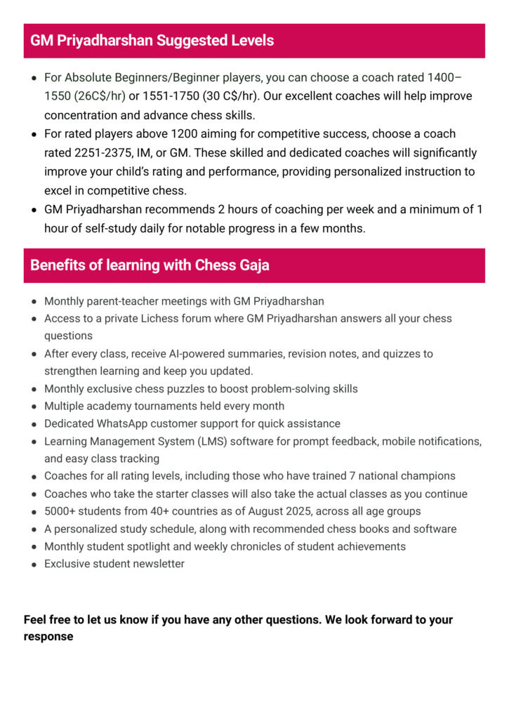 A flyer outlining GM Priyadarshan's suggested coaching levels, recommended training hours, and a list of benefits of learning with Chess Gaja.