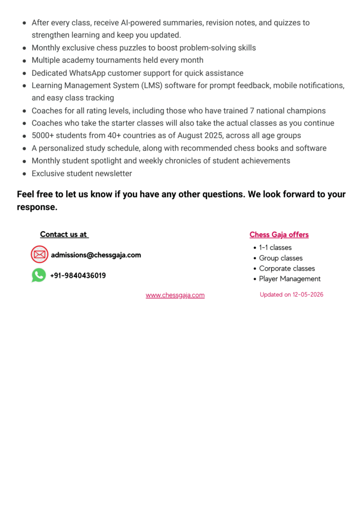 A flyer outlines Chess Gaja's offerings, including online chess classes, coaching, exclusive resources, and contact details with email, phone number, and website. Last updated 12-05-2026.