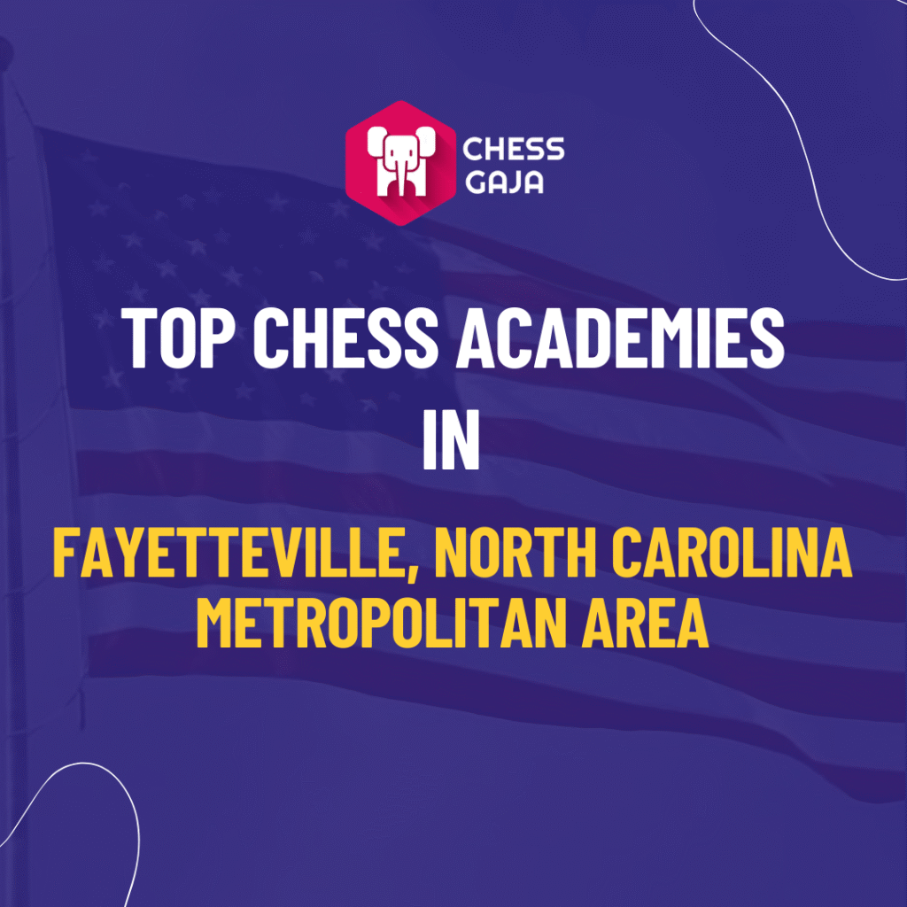 Promotional graphic for chess gaja featuring text "top chess academies in fayetteville, north carolina metropolitan area" on a blue background with a chess logo.