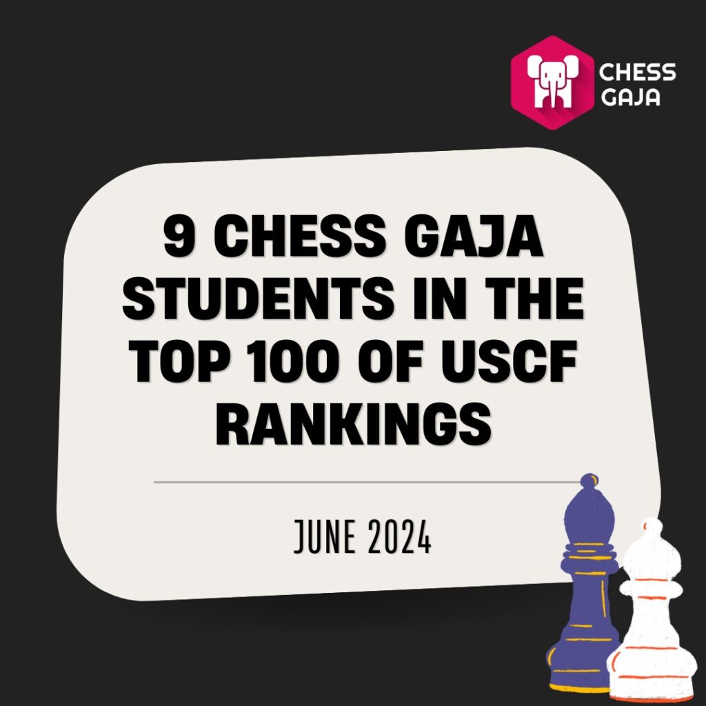 Announcement of nine Chess Gaja students ranked in the top 100 of USCF as of June 2024, with a design featuring chess pieces.