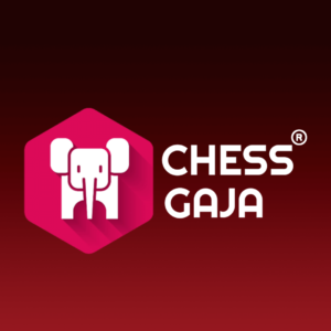 Logo of Chess Gaja featuring a stylized white elephant on a pink hexagonal background, with the name "CHESS GAJA" next to it. This striking image represents excellence in online chess coaching, set against a dark red gradient background for an elegant finish.